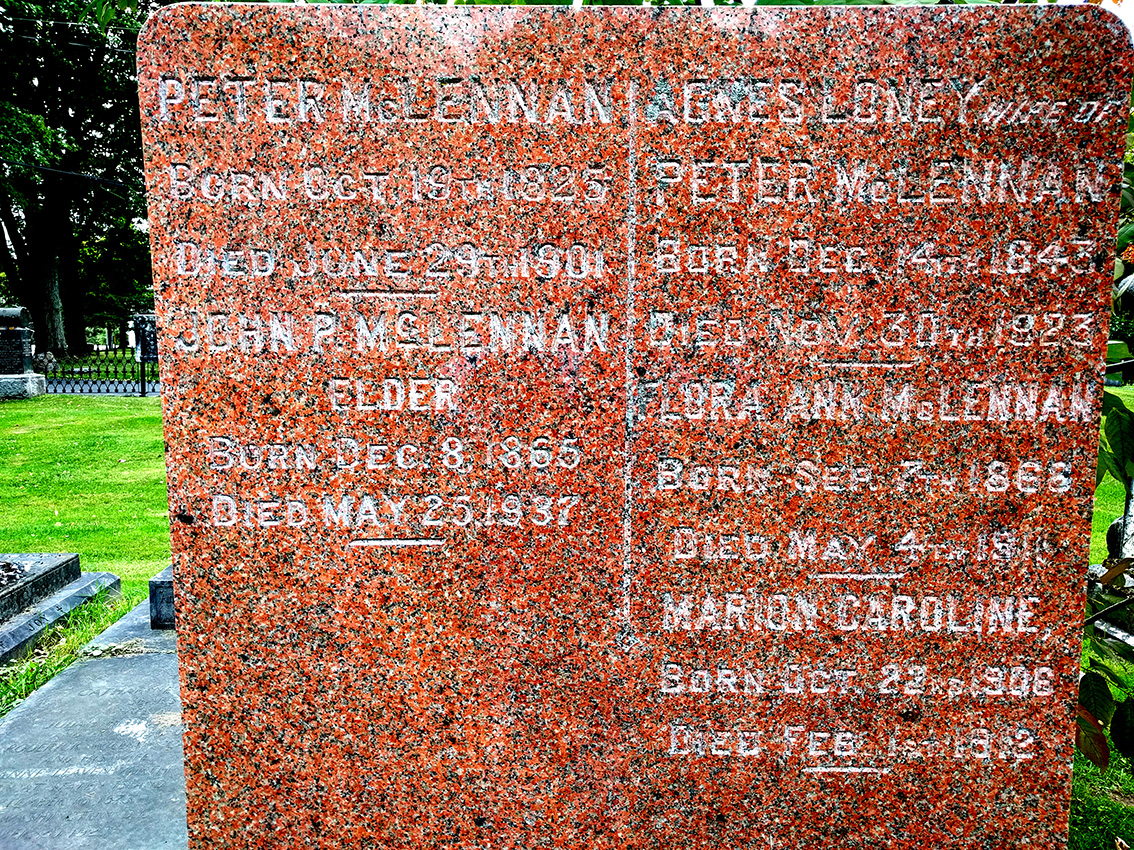 Photo of headstones/Peter McLennan 1825-1901 hdstn St Andrews Williamstown ON
